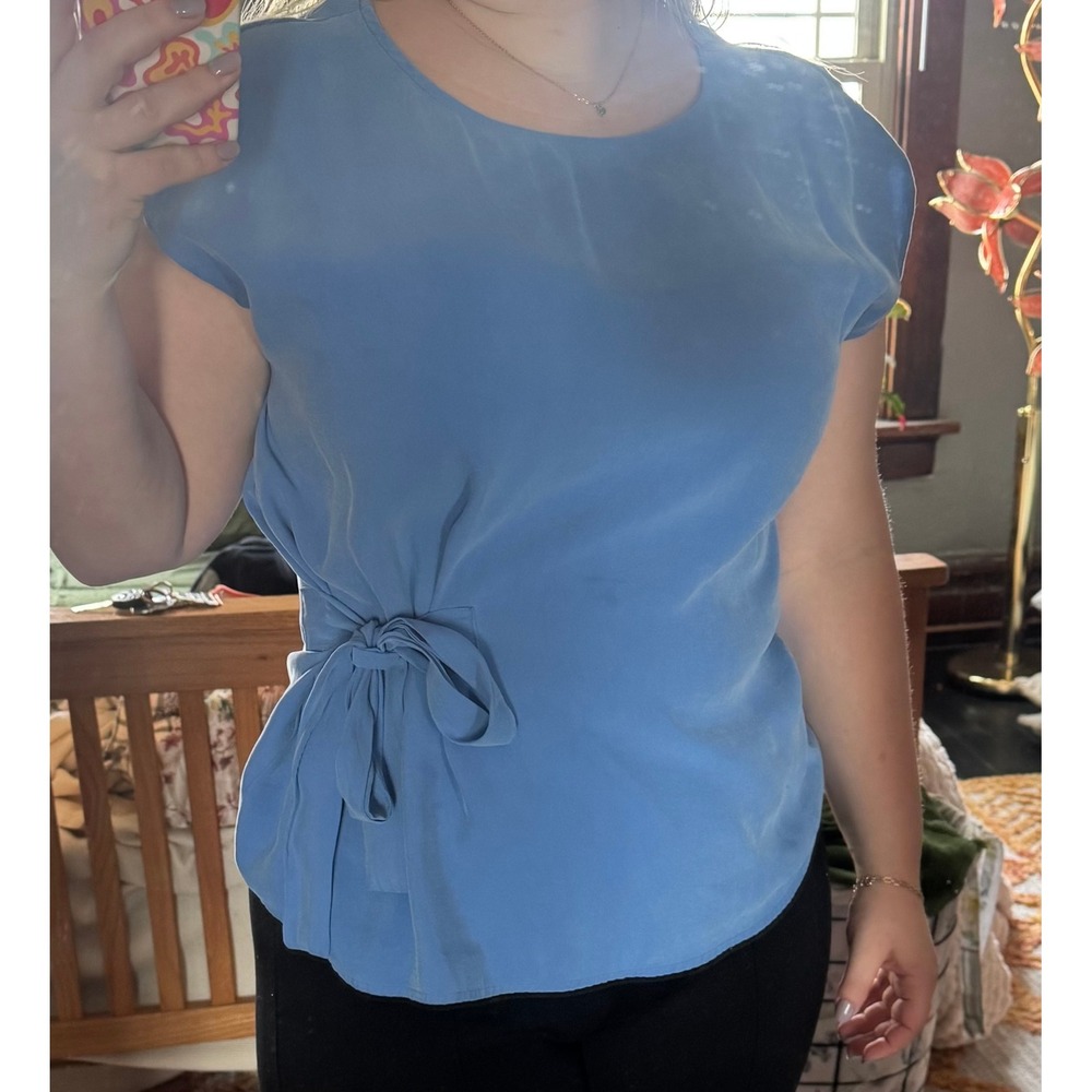 Alfani‎ Womens Blue Short Sleeve Tie Waist Blouse Top Size L